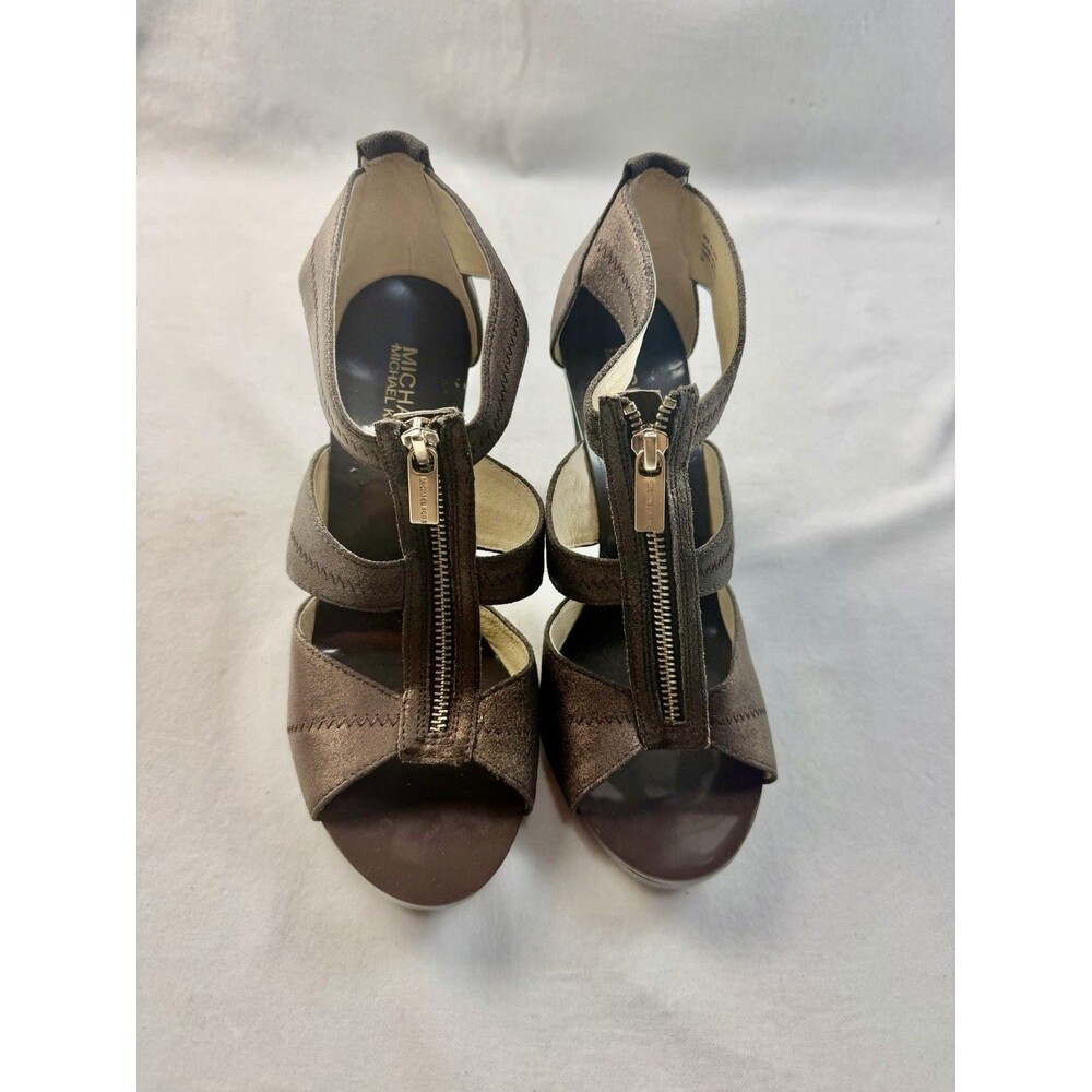 Michael Kors Berkley Sandals Bronze Metallic Front Zip Heels Size [9]